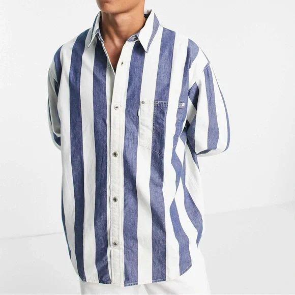 Silver Tab Levi’s Jeans Navy and White Striped Casual Shirt Oversized M - Picture 15 of 15